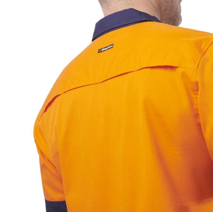 Orange work shirt with a brand logo on a white background