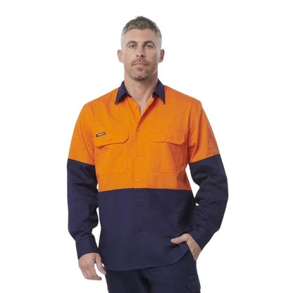 Man wearing a two-tone orange and navy work shirt on a white background