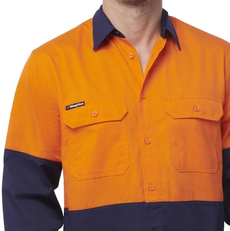 Orange and navy work shirt with a brand logo on a white background