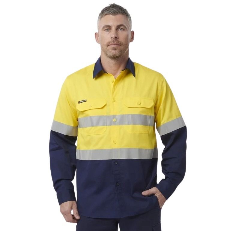 A long sleeve, spliced shirt with reflective tape on the sleeves, designed for workwear, primarily yellow and navy in color.