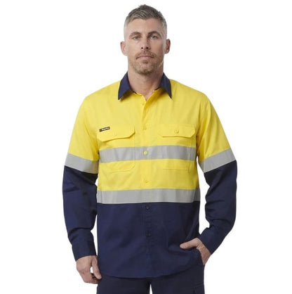A long sleeve, spliced shirt with reflective tape on the sleeves, designed for workwear, primarily yellow and navy in color.