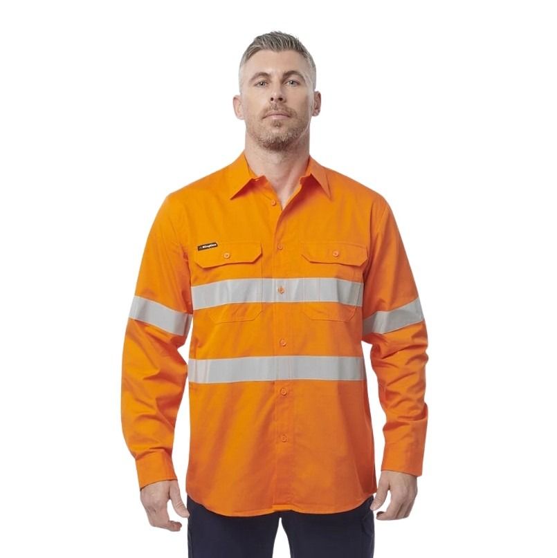 Man wearing an orange high-visibility work shirt on a white background