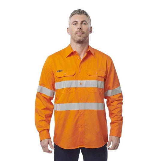Man wearing an orange high-visibility work shirt on a white background