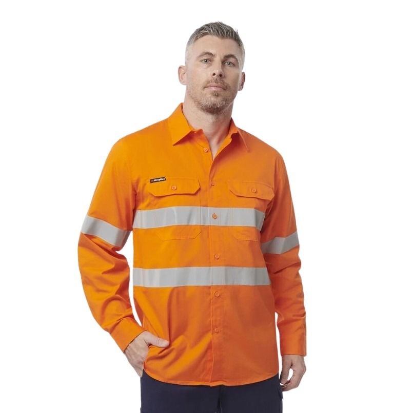 Man wearing an orange high-visibility work shirt on a white background