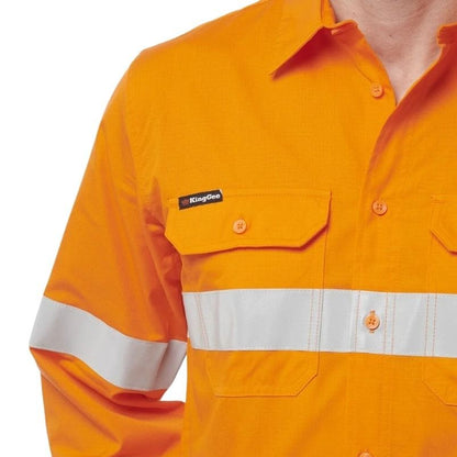 Orange work shirt with reflective stripes and a brand logo on a white background