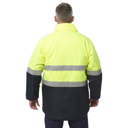 Person wearing a high-visibility jacket with reflective stripes on a white background