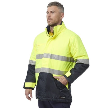 Man wearing a high-visibility jacket with reflective stripes on a white background