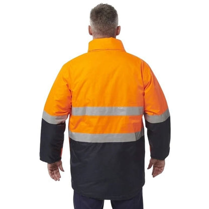 Person wearing a high-visibility jacket with orange and black colors on a white background
