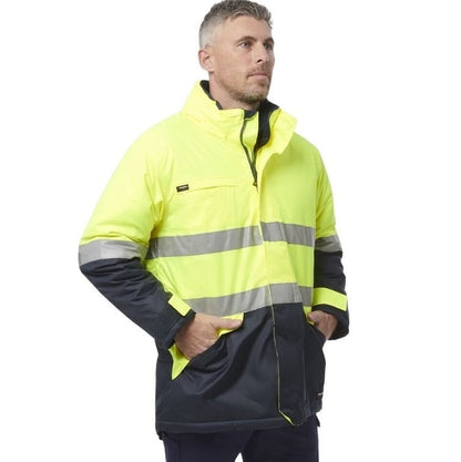 Man wearing a high-visibility jacket with reflective stripes on a white background