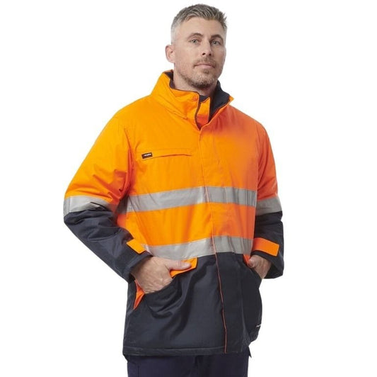 Man wearing a high-visibility orange and black jacket on a white background