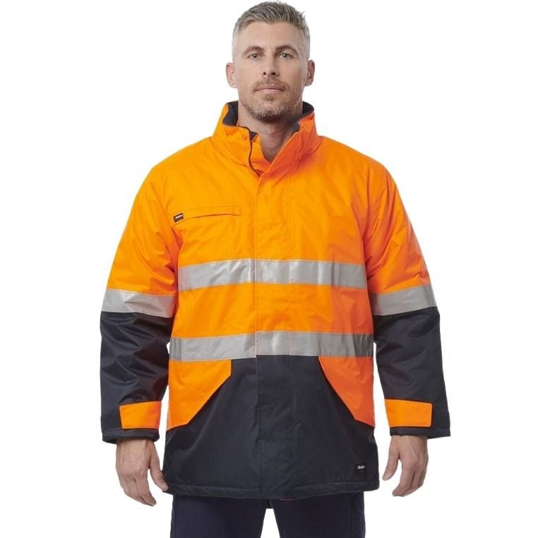 Man wearing an orange and black high-visibility jacket on a white background