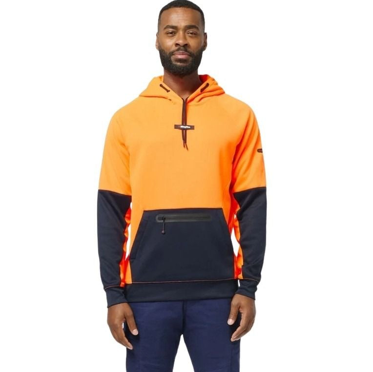 Man wearing an orange and navy hoodie on a white background
