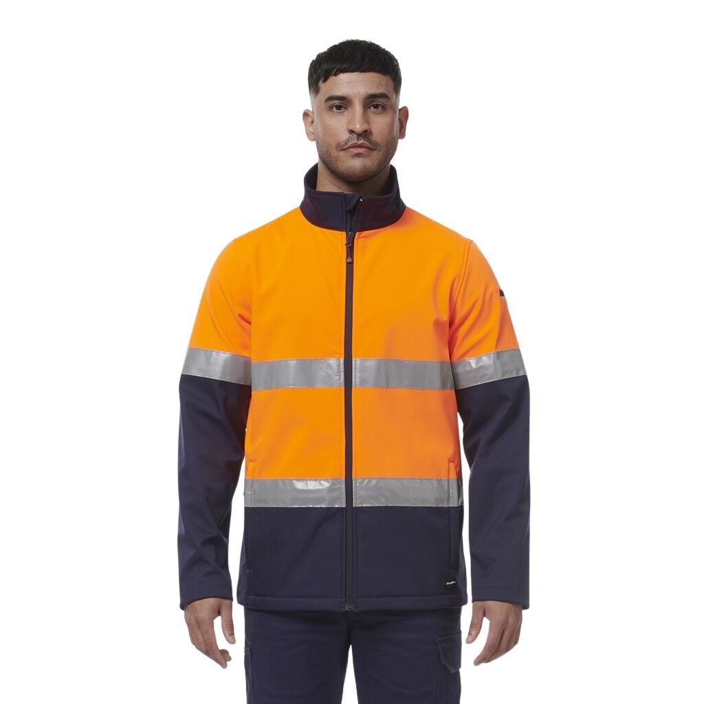 Person wearing an orange and navy high-visibility jacket on a white background