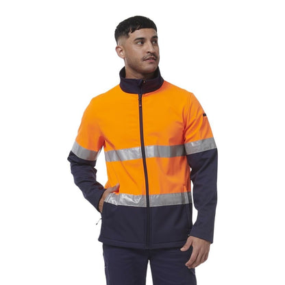 Man wearing an orange and navy reflective jacket on a white background