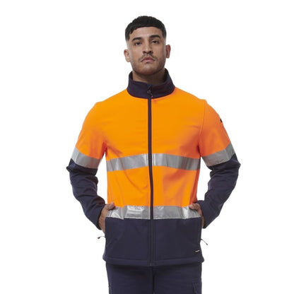 Person wearing an orange and navy high-visibility jacket on a white background