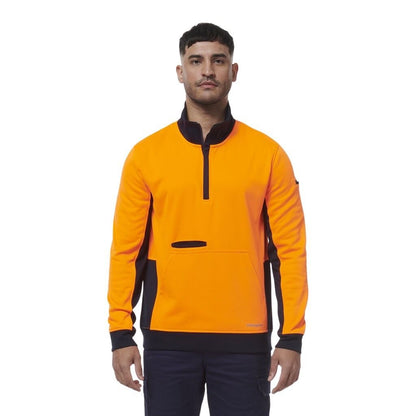Man wearing an orange and black sweatshirt on a white background