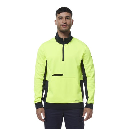 Man wearing a bright yellow and black jacket on a white background