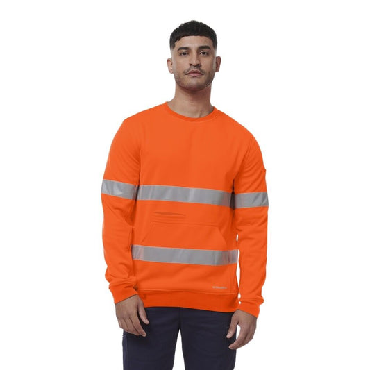 Person wearing an orange high-visibility sweatshirt with reflective stripes on a white background