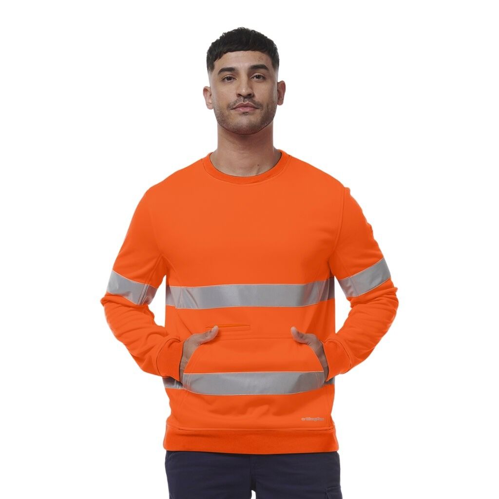 Person wearing an orange long-sleeve shirt with reflective stripes on a white background