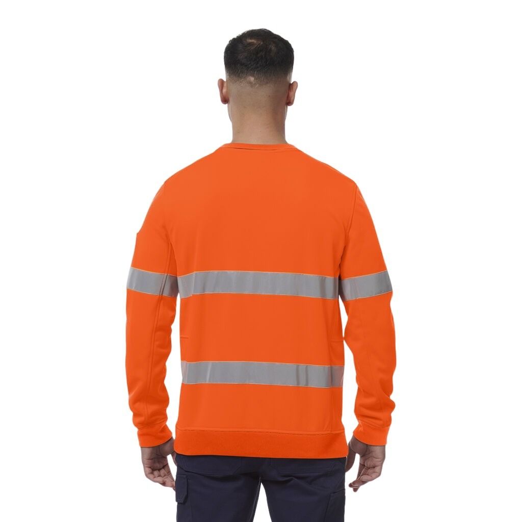 Person wearing an orange long-sleeve shirt with reflective stripes on a white background
