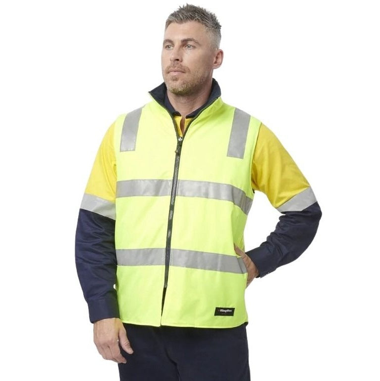 Man wearing a high-visibility jacket with reflective stripes on a white background