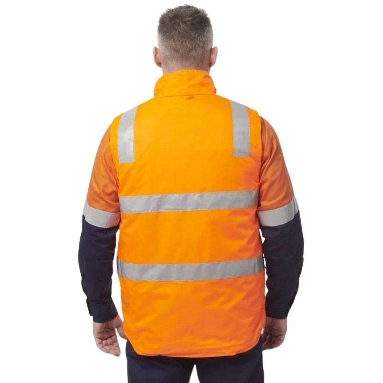 Person wearing an orange high-visibility jacket on a white background