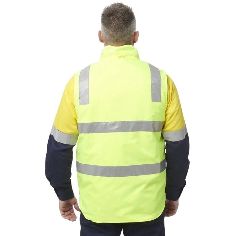 Person wearing a high-visibility jacket with reflective stripes on a white background