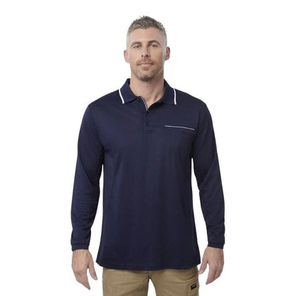Man wearing a navy long-sleeve polo shirt on a white background