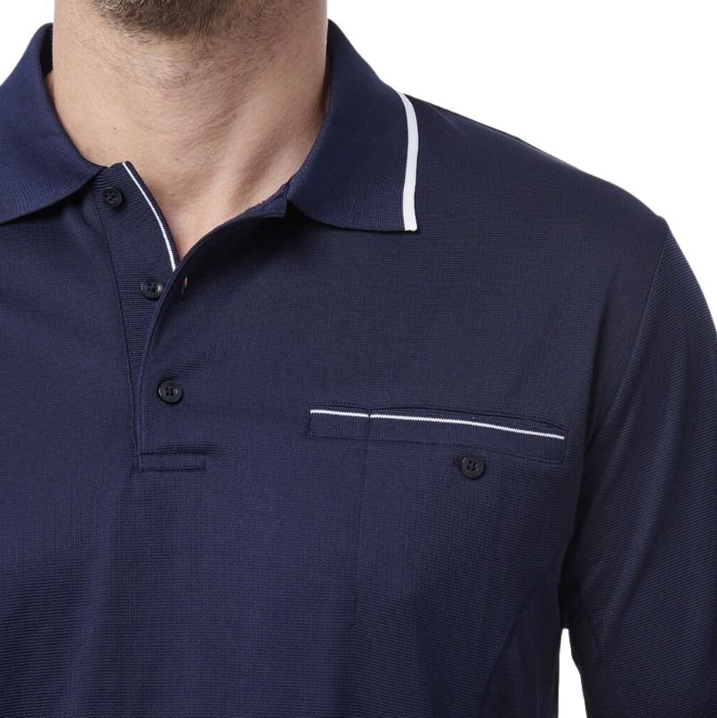 Navy blue polo shirt with white trim on a white background