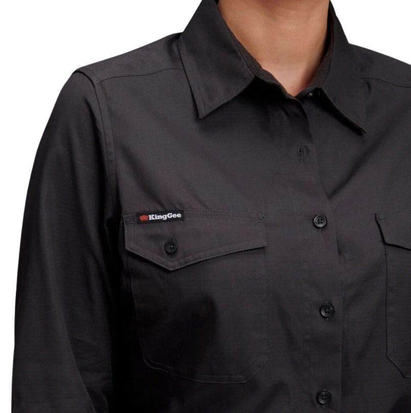 Black shirt with King Gee logo on a white background