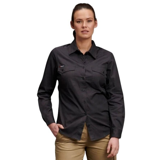 Woman wearing a black long-sleeve shirt on a white background