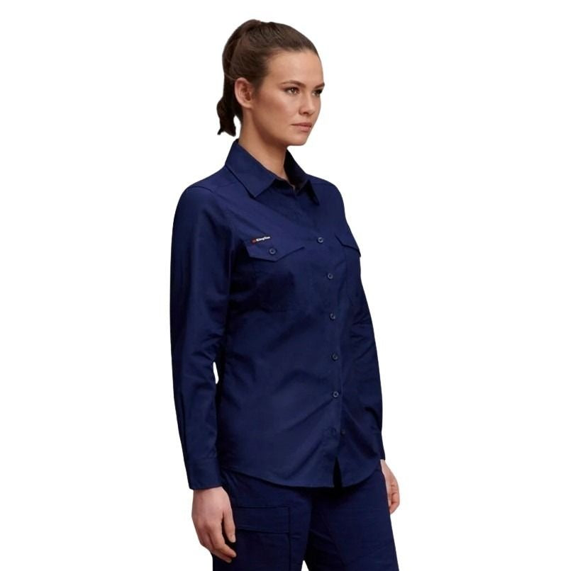 Woman wearing a navy blue shirt on a white background