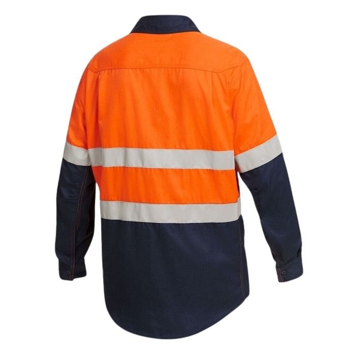 Orange and navy work shirt with reflective stripes on a white background