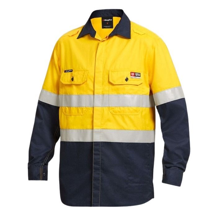 Yellow and navy work shirt with reflective stripes on a white background