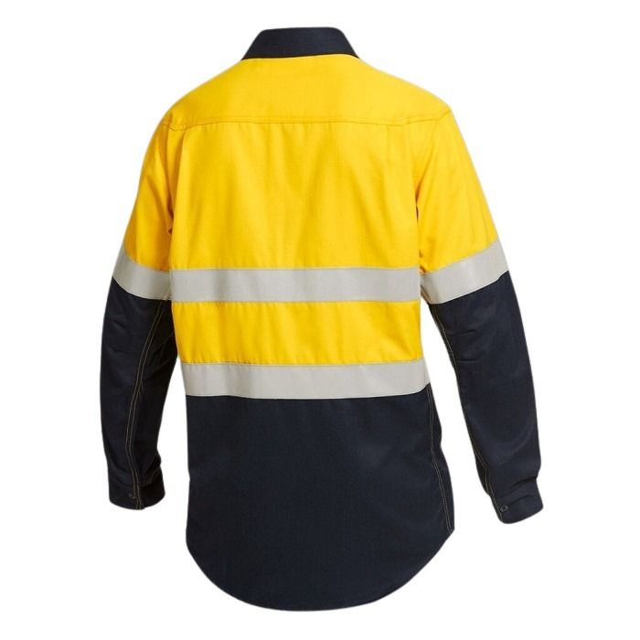 Yellow and navy work shirt with reflective stripes on a white background