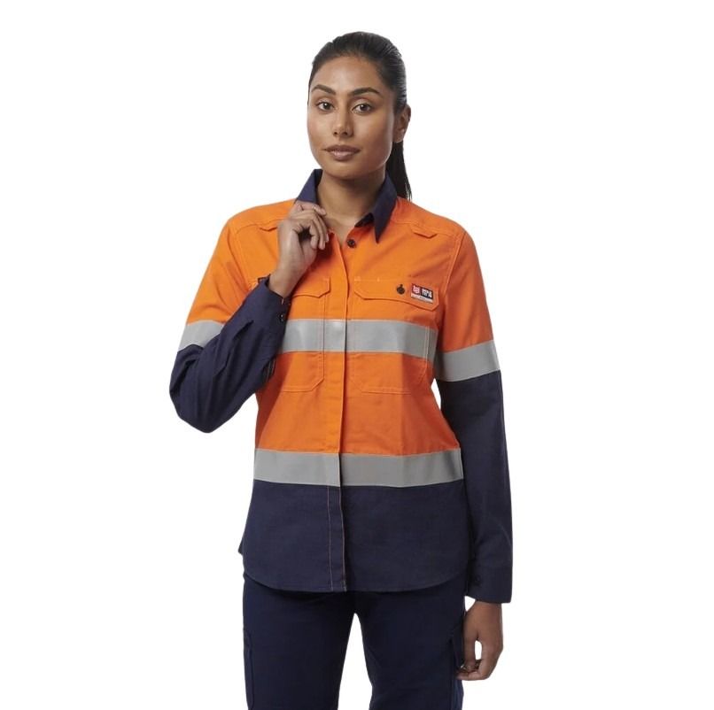 Person wearing an orange and navy work shirt with reflective stripes on a white background