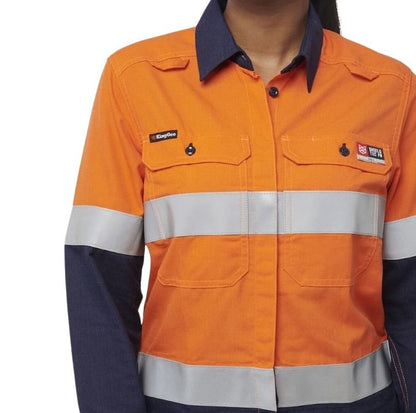 Orange and navy work shirt with reflective stripes on a white background