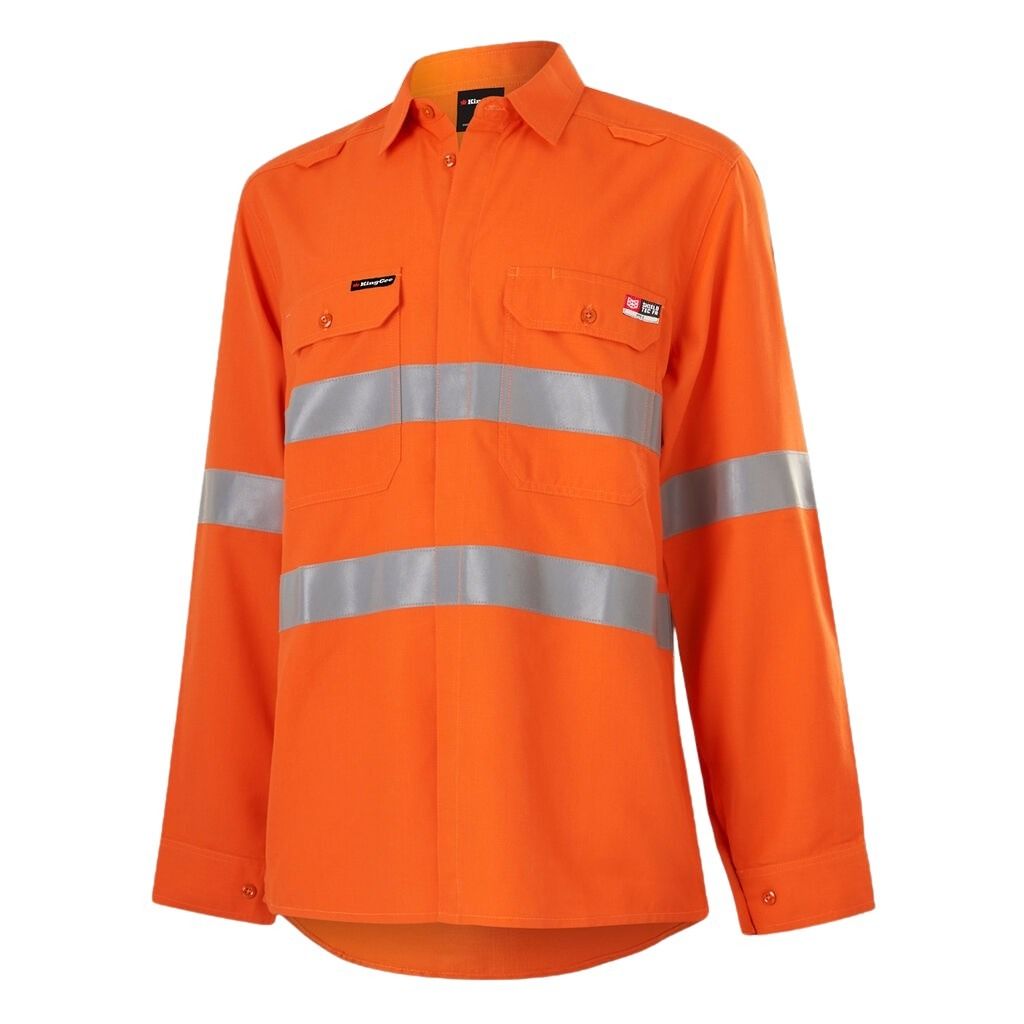 Orange work shirt with reflective stripes on a white background