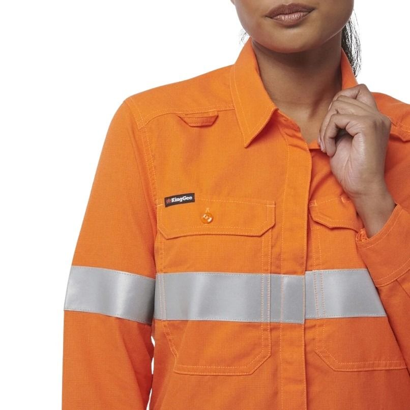Orange work shirt with reflective stripes and a brand logo on a white background