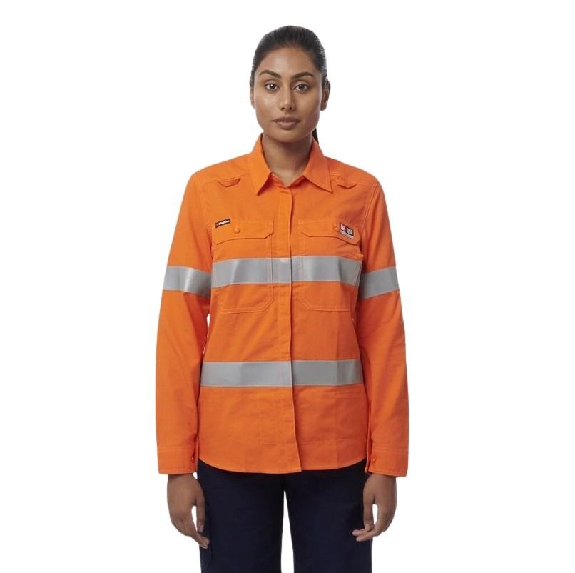 Person wearing an orange high-visibility work jacket on a white background