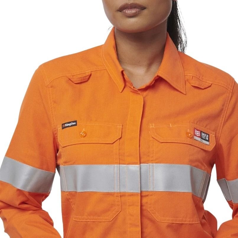 Orange work uniform with reflective stripes on a white background