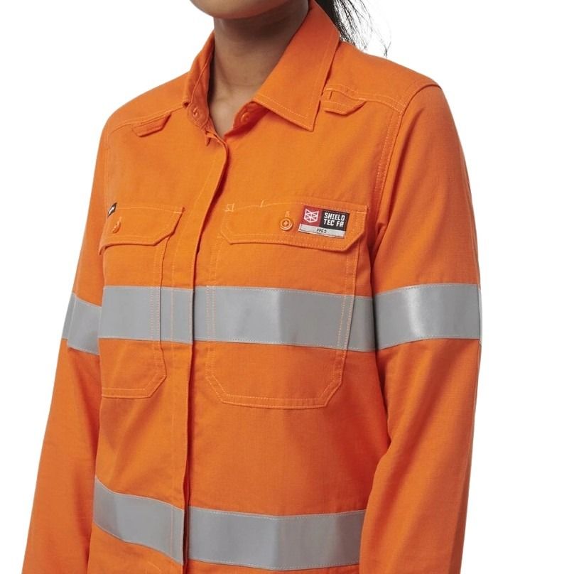 Orange work shirt with reflective stripes on a white background