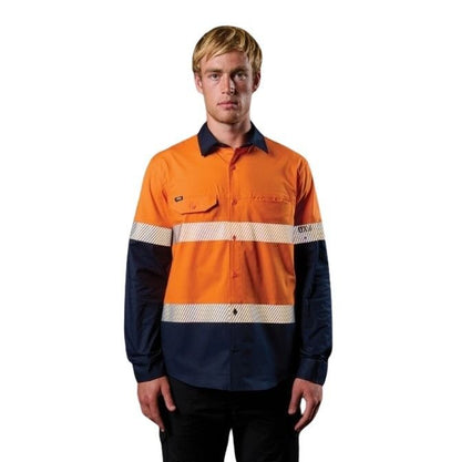 Person wearing an orange and navy work shirt with reflective stripes on a white background