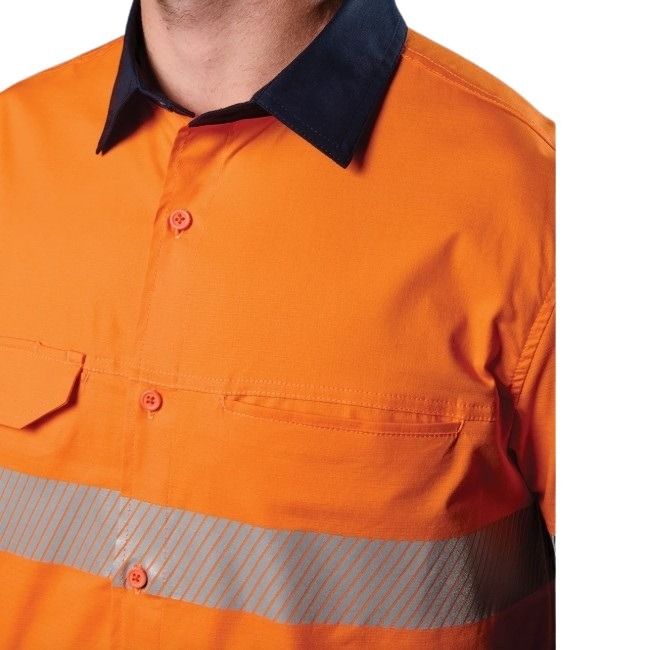 Orange work shirt with reflective stripe on a white background