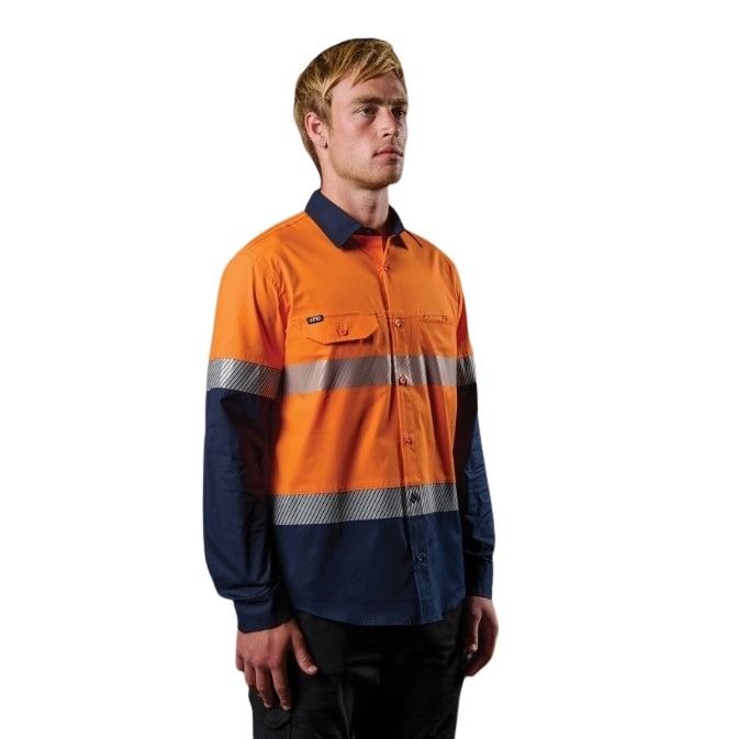 Person wearing an orange and navy high-visibility work shirt on a white background