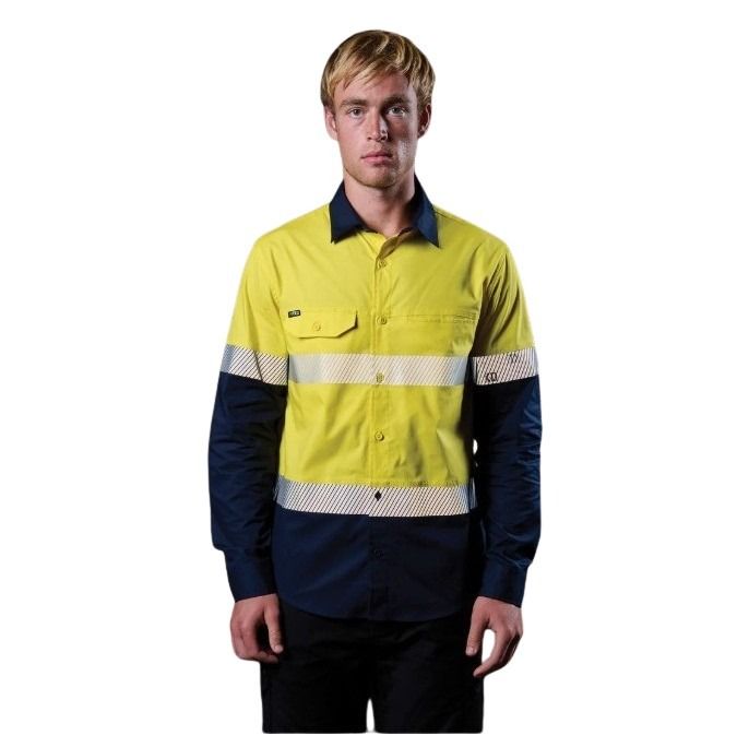 Person wearing a high-visibility work shirt with reflective stripes on a white background