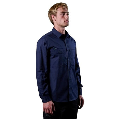 Man wearing a navy blue shirt on a white background
