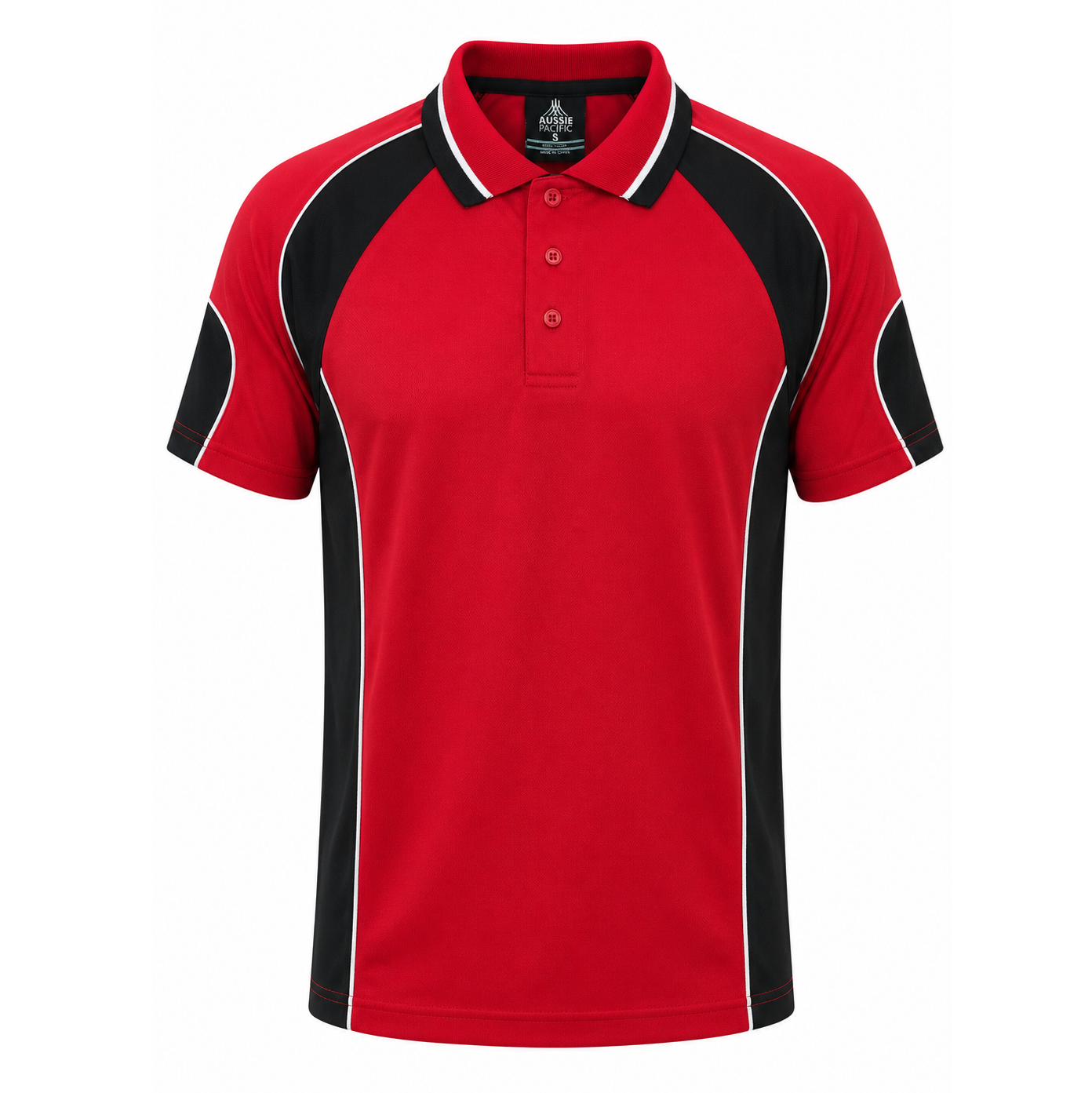 Mens red with black panels and white contrast piping lightweight breathable workplace Aussie Pacific N1300 Murray Mens Polo