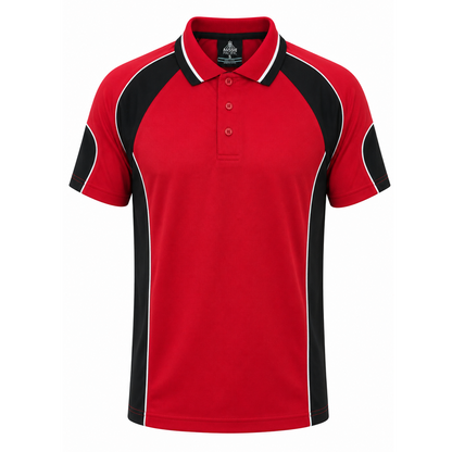 Mens red with black panels and white contrast piping lightweight breathable workplace Aussie Pacific N1300 Murray Mens Polo