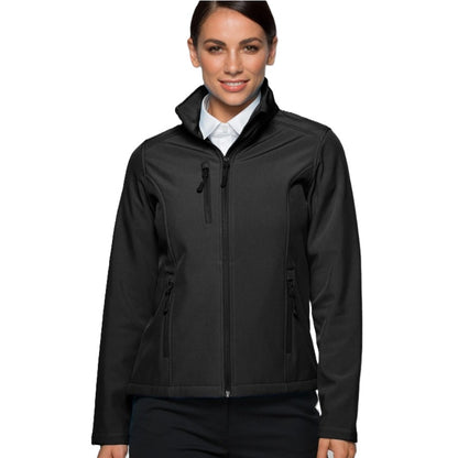 Woman wearing a black soft shell jacket on a white background